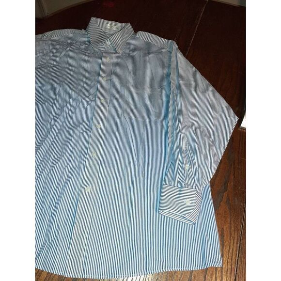 Mens 17 32/33 Van Heusen Pinpoint Oxford Blue White Button Front Dress Shirt - Picture 2 of 2